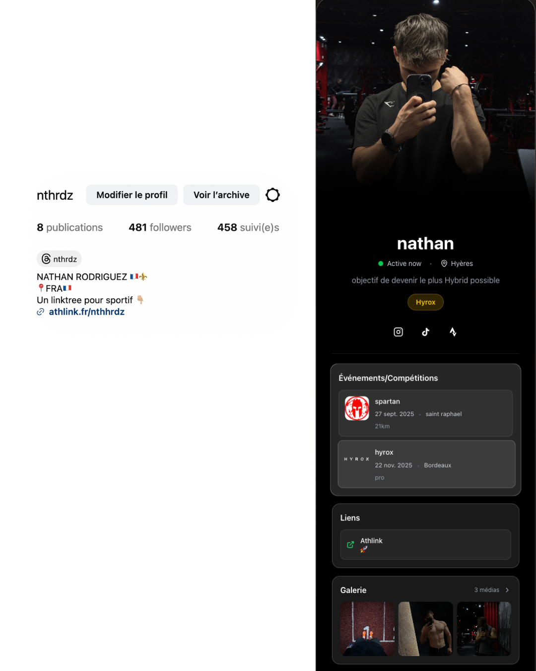 Exemple de profil Athlink - Liens, événements et sponsors